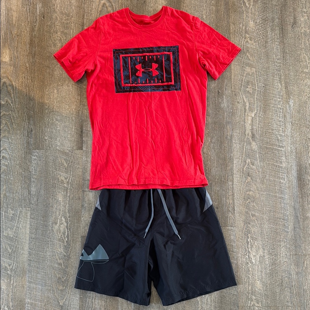 Under Armour Red shirt and Black Athletic Shorts